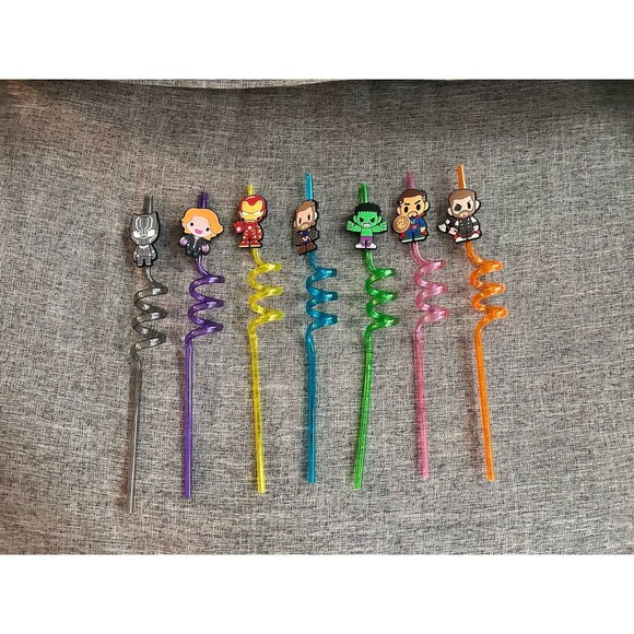 Avengers 7 Pack Reusable Straws Capt America Iron Man Spiderman Hulk Dr Strange - Picture 1 of 7